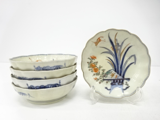 古伊万里　染付赤絵　鶴に花　なます皿　5客揃